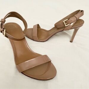 Tory Burch Elana 3" Ankle Strap Open Toe Sandal Heels in Patent Nude Tan